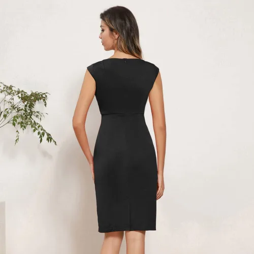 Vista 5 de GRACE KARIN Vestido ajustado fruncido para mujer, manga casquillo, cuello en V, longitud hasta la rodilla, vestido de trabajo