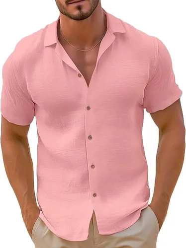 Vista 5 de Camisa de guayabera cubana para hombre, estilo casual, con botones, de manga corta, para verano, playa, hippie, color sólido, tops de trabajo