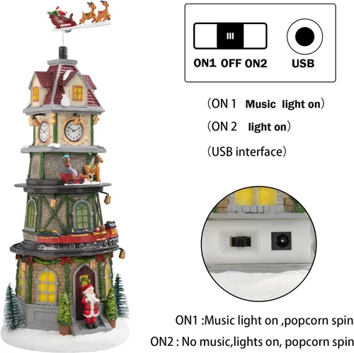 Vista 8 de Casas de Pueblo Navideño Edificios Coleccionables de Navidad Campanario con Luces LED, Pueblo de Vacaciones Navideñas Musical con USB Figuras