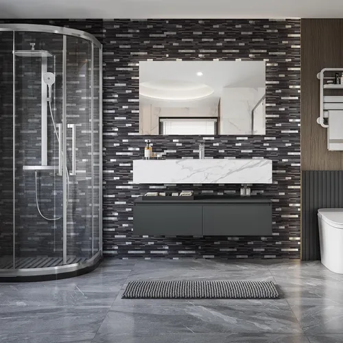 Vista 5 de Midcard Azulejos adhesivos para salpicaduras de 10 hojas, azulejos para cocina, baño, lavandería, cámper, chimenea. 20Trapezoidal Negro Gris Madera