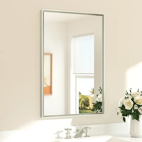 Vista 15 de TETOTE Espejo de baño dorado cepillado de 20" x 30", espejo de tocador de baño rectangular de latón dorado cepillado con marco biselado para sobre