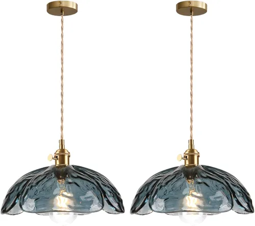 Vista 11 de Lámpara colgante colgante de 1 luz, lámparas colgantes de latón dorado, pantalla de vidrio de flores verdes, iluminación colgante moderna