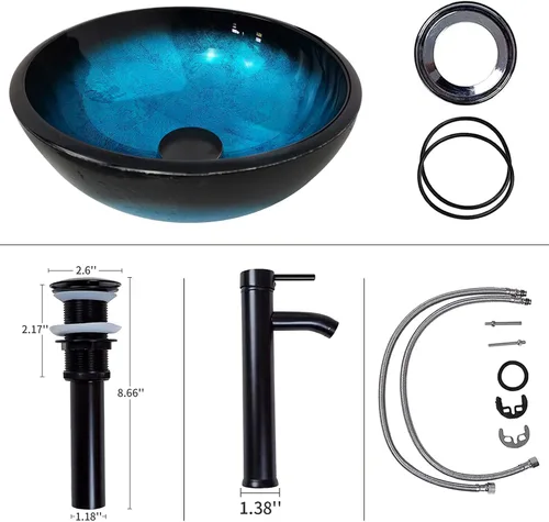Vista 4 de Fregadero de baño de 12 pulgadas, lavabo de vidrio templado, cuenco redondo con grifo combinado, azul