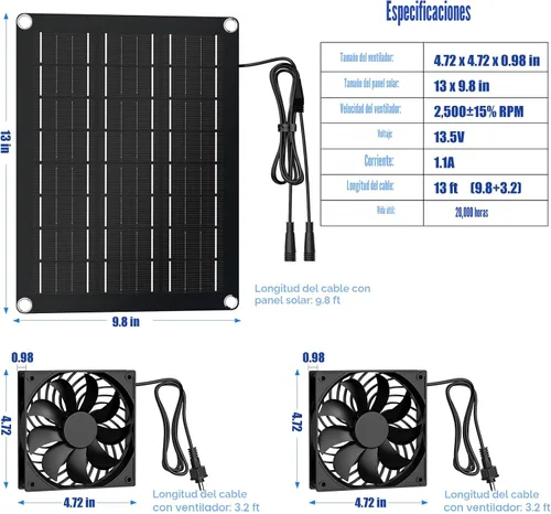 Vista 8 de MARBERO Kit de ventilador solar de 4.7 pulgadas, panel solar de 15 W con 2 ventiladores impermeables, ventilador de aire de entrada o escape