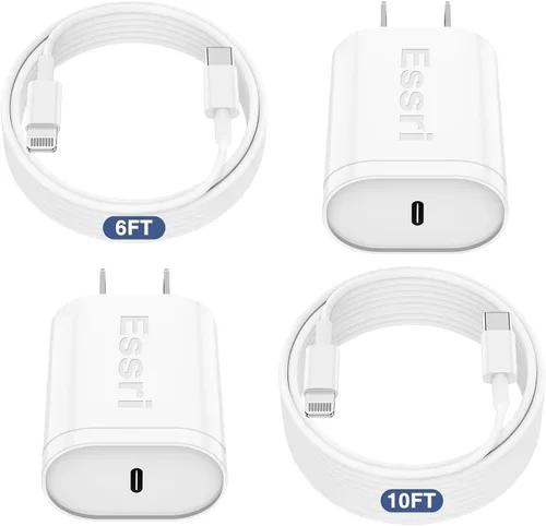 Vista 15 de Essri Cargador Rápido para iPhone 14 13 12 Carga Rápida, Paquete de 2 de 6FT+10FT Cable USB C a Lightning con 20W USB C para Bloque Cargador iPhone