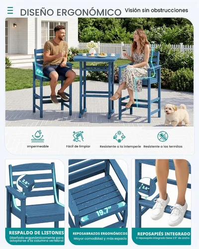 Vista 5 de SERWALL 5 Pcs HDPE Bar Height Adirondack Chairs and Bar Table Set, Blue Azul