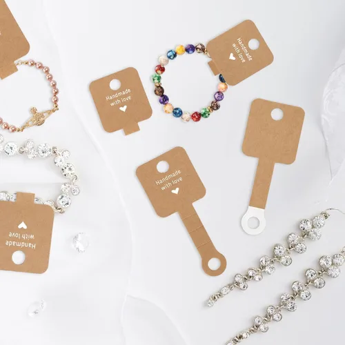 Vista 7 de joycraft 100 tarjetas autoadhesivas para pulseras, papel kraft hecho a mano con tarjetas en blanco de amor, embalaje de joyería para vender