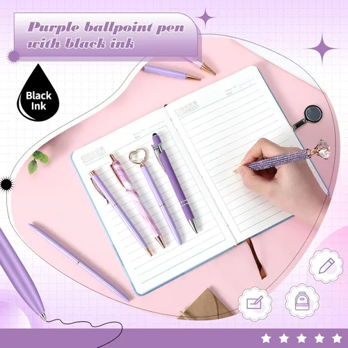 Vista 3 de Supervitae 8 Bolígrafos Morados para Mujer, Papelería Escolar, Regalos de Diario, Arena Líquida con Purpurina, Bolígrafos de Tinta Negra, Regalos