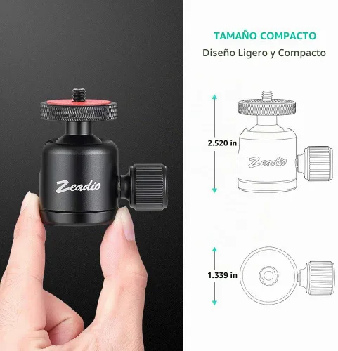 Vista 4 de Zeadio Mini cabeza de bola, con montaje de tornillo de 1/4" y 3/8" para cámaras, DSLR, monopie, deslizador