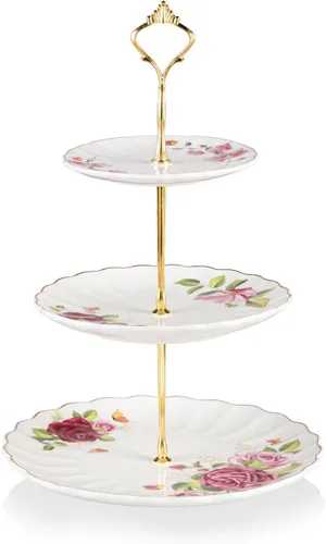 Vista 9 de Sweejar Soporte de cerámica para tartas de 3 niveles, soporte para postres, soporte para cupcakes, bandeja para servir pasteles de fiesta de té