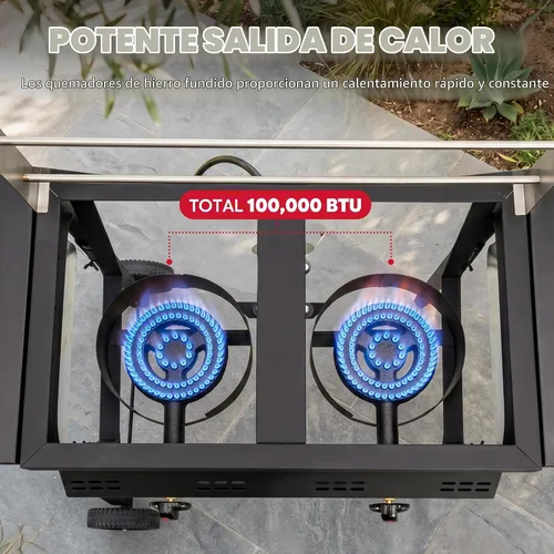 Vista 5 de Freidora profunda al aire libre de propano Feasto, tanque doble con quemadores independientes dobles de hierro fundido y termómetros, olla