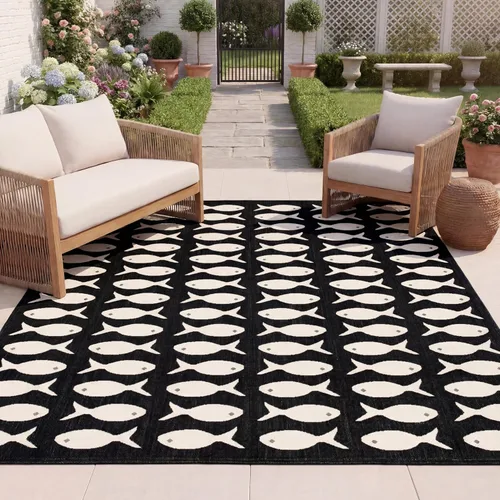 Vista 6 de SAFAVIEH Alfombra lavable para exteriores, colección Patio de 2.3 x 6.7 pies, color negro y beige, no desprende pelusa y fácil limpieza, ideal