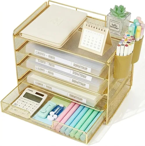 Vista 14 de LEKETREE Organizador de escritorio y accesorios, organizador de bandejas de papel de 5 niveles con cajón y 2 soportes para bolígrafos