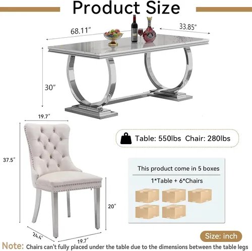 Vista 4 de Juego de mesa de comedor de mármol sintético, 7 piezas, juego de mesa de cocina y comedor para 6, mesa de comedor rectangular blanca de 70 pulgadas