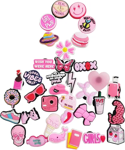 Vista 5 de IOKUKI 35 dijes rosados para zapatos para niñas y mujeres, decoración estética de zapatos para sandalias de zuecos, regalos de fiesta rosa