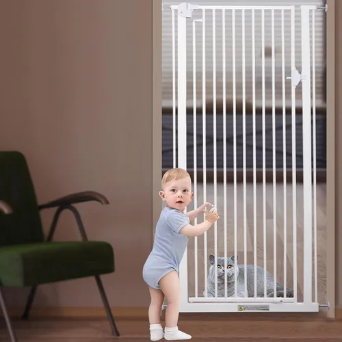 Vista 5 de QQXX Puerta de seguridad extra alta para mascotas para perros y gatos, puerta de 47.2 pulgadas con cierre automático para mascotas, puertas