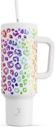 Vista 27 de Meoky - Vaso de 30 oz con asa, tapa y pajilla, taza de viaje térmica de acero inoxidable 100% a prueba de fugas, para portavasos, mantiene el frío