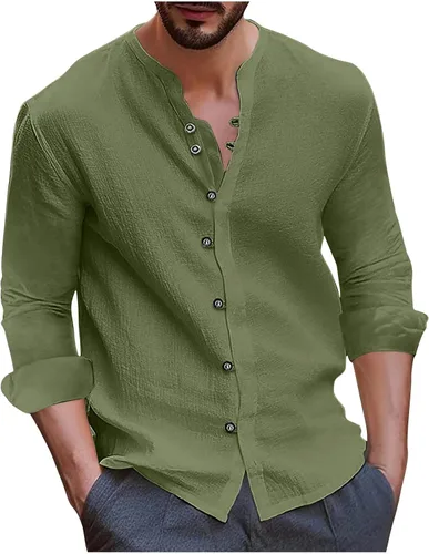 Vista 6 de Camisas de manga larga para hombre, casual, de algodón, lino, con botones, a la moda, lisas, para fiesta, otoño
