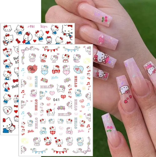Vista 6 de 8 hojas de calcomanías de uñas de gato para arte de uñas, lindas calcomanías de uñas para uñas acrílicas, autoadhesivas 3D, diseño de uñas kawaii