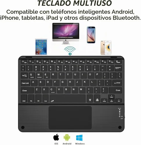 Vista 4 de Funda de teclado TouchPad para tabletas de 9, 9.7, 10.1, 10.2, 10.5, 10.9, 11 pulgadas, teclado inalámbrico Bluetooth 2 en 1 con panel táctil Negro