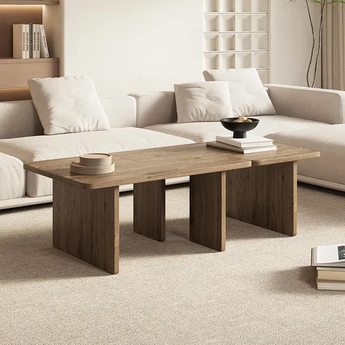 Vista 2 de Mesa de centro moderna doble en forma de L, mesa central con acabado de madera de roble, dispuesta libremente para adaptarse a cualquier espacio