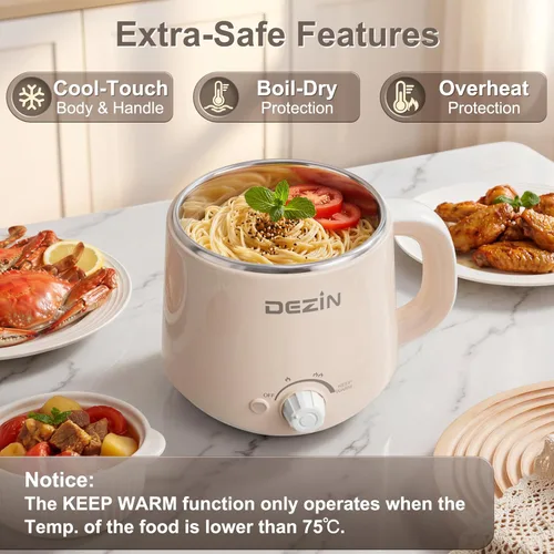Vista 7 de Dezin - Olla caliente eléctrica, cocina rápida de fideos, mini olla de acero inoxidable perfecta para ramen, huevos, pasta, bolas de masa hervida