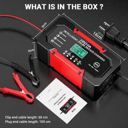 Vista 9 de Cargador de Batería 10A 12V Cargador de Batería de Coche Completamente Automático Inteligente con Pantalla LCD y Compensación de Temperatura