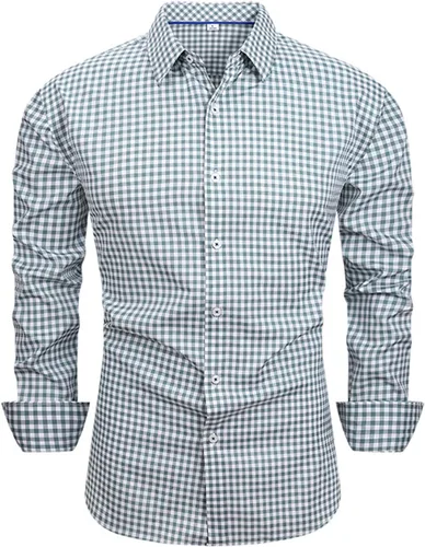 Vista 5 de Ymosrh Camisa de vestir a cuadros para hombre, de manga larga, informal, de moda, con botones