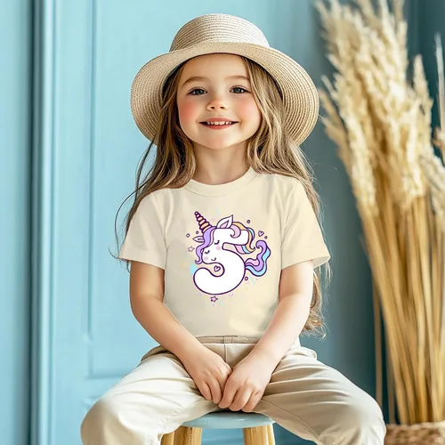 Vista 2 de Camiseta de unicornio para 5º cumpleaños para niñas de 5 años y quinto cumpleaños Marfil beige