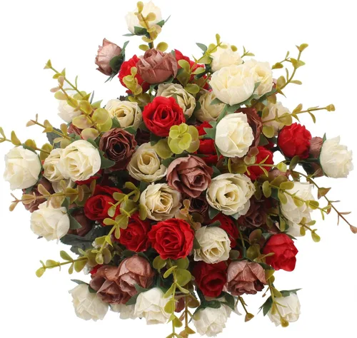 Vista 14 de Duovlo 7 ramas de 21 cabezas de rosas artificiales, ramo de flores artificiales para decoración de boda, hogar, oficina, paquete de 2