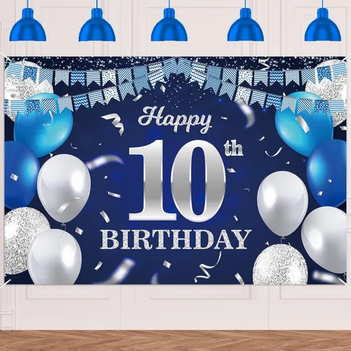 Vista 28 de Bandera de feliz primer cumpleaños con fondo azul marino, globos, confeti, bandera de rayas, luces de puntos, felicitaciones por el tema de 1 año
