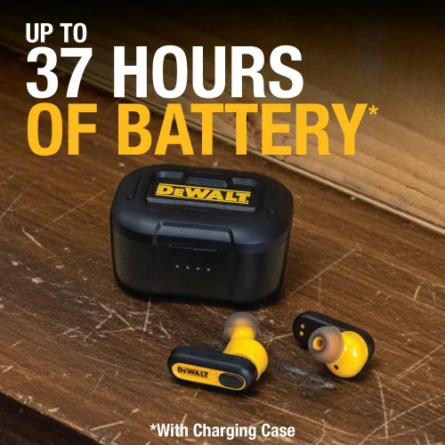 Vista 3 de DEWALT Audífonos inalámbricos verdaderos de alta resistencia, auriculares Bluetooth con estuche de carga tipo C incluido, 37 horas de duración
