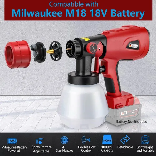 Vista 2 de Pulverizador de pintura inalámbrico compatible con batería Milwaukee M18 de 18 V, capacidad de 33.8 fl oz, pistola de pintura en aerosol HVLP, 3