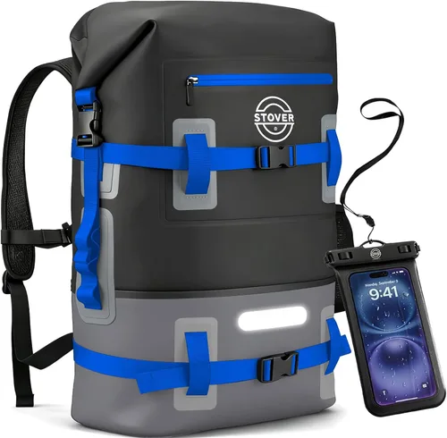 Vista 19 de STOVER - Mochila seca impermeable de 30/40/55L y funda para teléfono, bolsa seca flotante extragrande para kayak, viajes, senderismo, pesca Negro