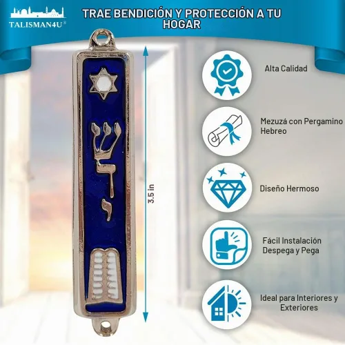 Vista 2 de TALISMAN4U Mezuzah de puerta de los diez mandamientos con esmalte azul