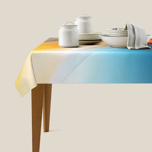 Vista 3 de Mantel rectangular moderno con diseño de arte fluido, naranja, azul, degradado, poliéster, impermeable, reutilizable, patrón abstracto de ondas