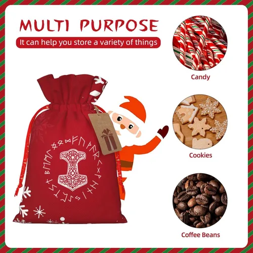 Vista 9 de Mjolnir And Rune Wheel Norse Mythology Symbol Christmas Drawstring Bag Gift Bag, Red Storage Bag, Christmas Gift Bags, Christmas Fabric Bags