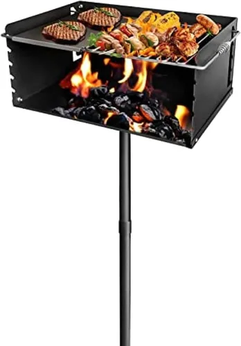Vista 8 de Parrilla de carbón estilo parque con rejilla, poste de acero al carbono de un solo poste de 50 pulgadas de altura, parrilla de parque al aire libre
