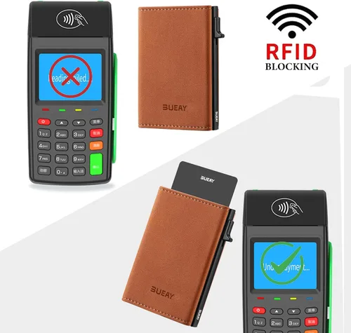 Vista 4 de BUEAY Tarjetero de cuero RFID, Marrón, Delgado y minimalista