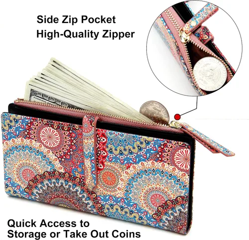 Vista 36 de Billeteras delgadas para mujer, tarjetero RFID plegable con bolsillo con cremallera, Mandala azul, Delgado