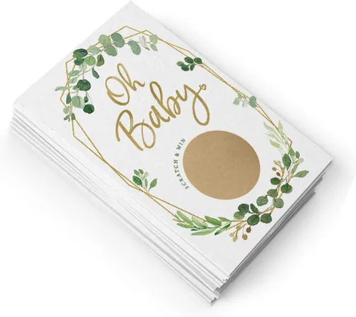 Vista 3 de Juego de rascar para baby shower, verde y dorado, 30 tarjetas y calcomanías