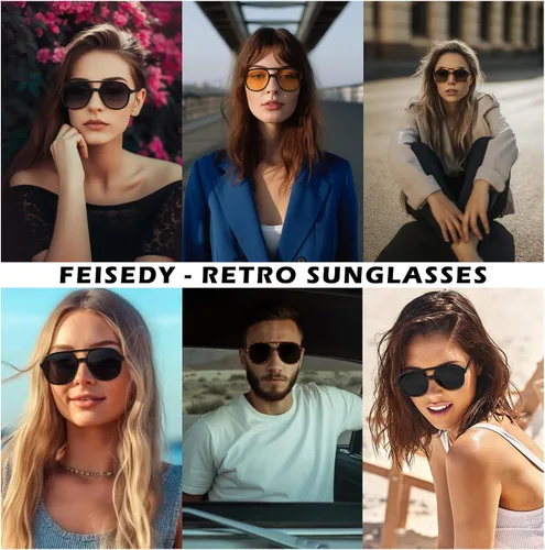 Vista 4 de FEISEDY Lentes de sol retro para mujeres y hombres, cuadrados, aviador, años 70, clásico, doble puente UV400, lentes de sol con marco de lente B2394