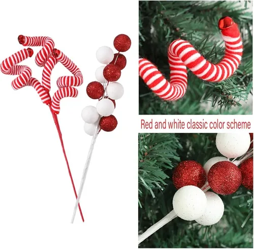 Vista 4 de 6 piezas de adornos para árbol de Navidad, varillas de lana rojas y blancas con lentejuelas y esferas colgantes para árbol de Navidad, adornos
