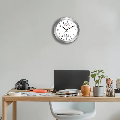 Vista 35 de HITO Reloj de pared silencioso de 10 pulgadas, funciona con pilas, sin tictac, cubierta de vidrio, marco de aluminio plateado, para decoración
