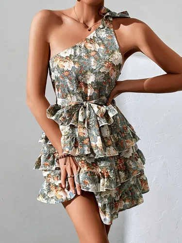 Vista 3 de Floerns Vestido corto con estampado floral de un hombro y dobladillo a capas para mujer