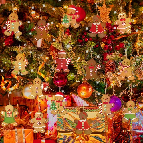 Vista 3 de Ferraycle 36 adornos navideños de pan de jengibre, decoraciones de árbol de Navidad, decoraciones de 3 pulgadas, adornos colgantes de madera