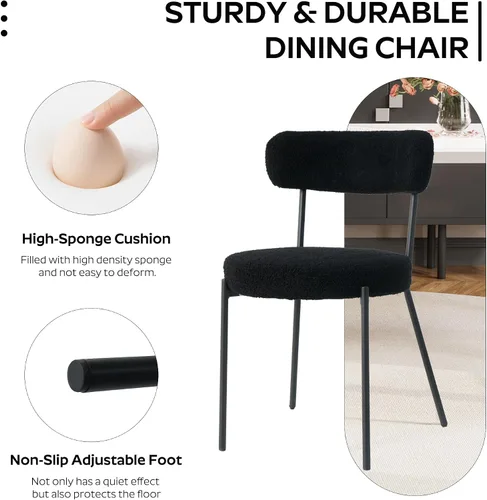 Vista 4 de Moderno juego de mesa de comedor redonda de 3 piezas, mesa de MDF circular negra y 2 sillas de comedor negras Boucle, muebles de cocina con marco