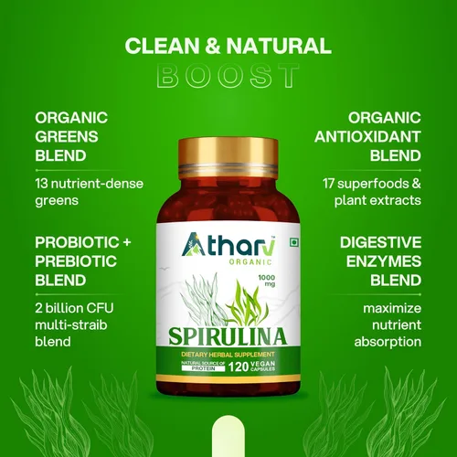 Vista 3 de Suplemento de espirulina de 1000 mg 120 cápsulas veganas Rico en nutrientes naturales Sin OMG y sin gluten Apoyo diario para el bienestar