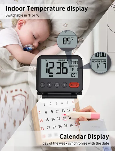 Vista 5 de NOKLEAD Reloj despertador digital de viaje para dormitorio y oficina: pequeño reloj de escritorio LCD con luz de fondo, fecha, temperatura