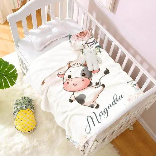 Vista 8 de Manta de bebé personalizada para niñas y niños pequeños, recién nacidos, regalos personalizados de vaca floral con nombre y texto, 40 x 30 pulgadas
